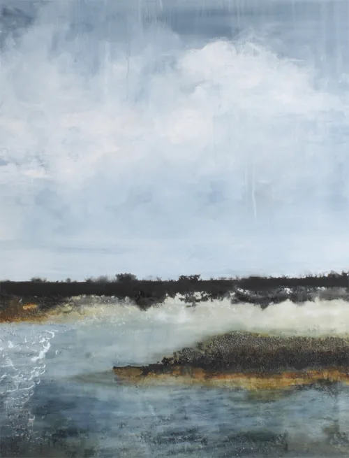 Mixmedia maleri "Under en tung himmel" af Benita Mølgaard