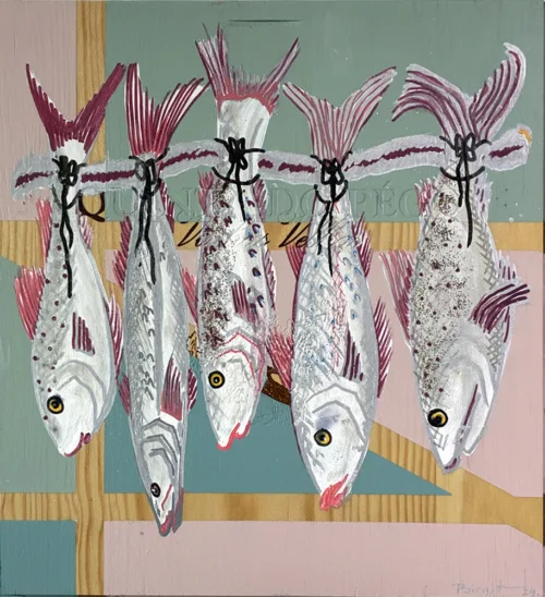 Akrylmaleri af fisk på rad