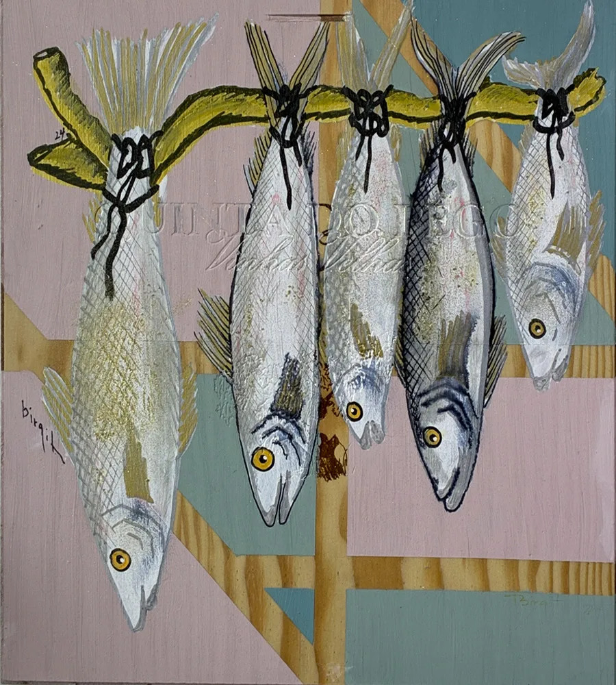 Akrylmaleri af fisk på rad