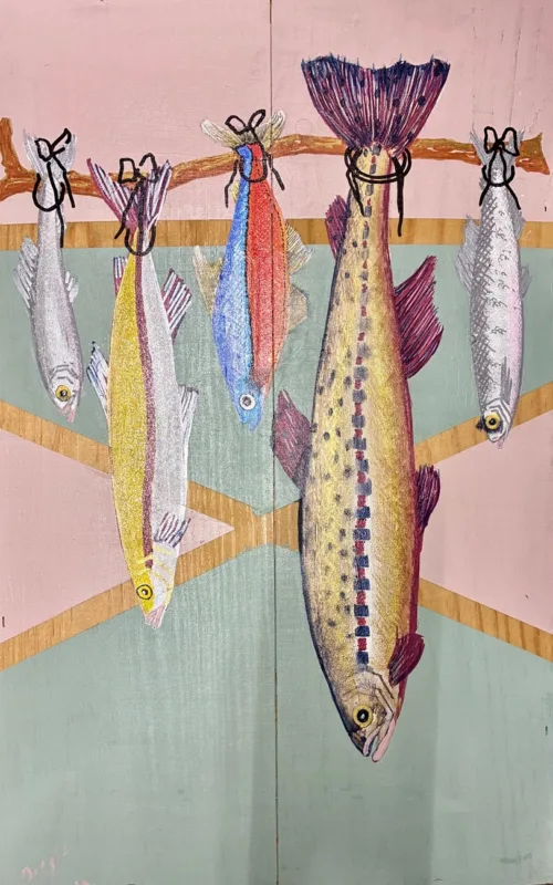 Akrylmaleri "Regnbueørred" af Birgit Randrup Thomsen