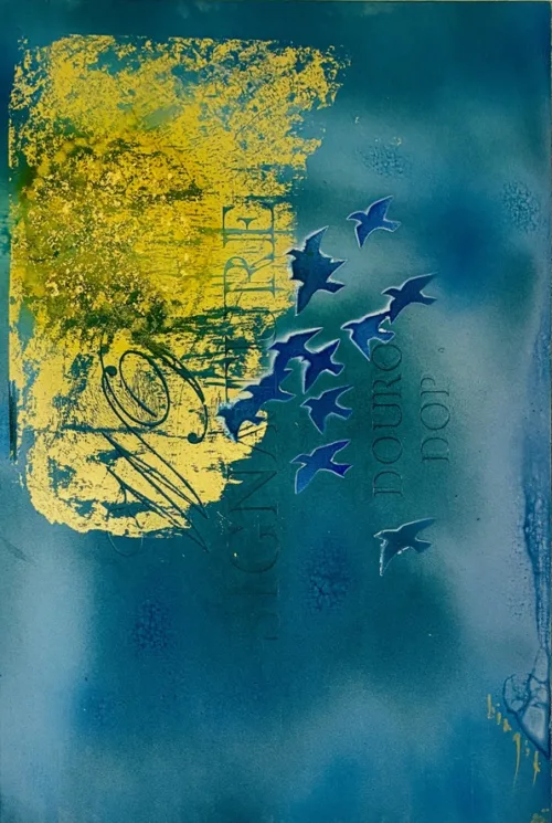 Akrylmaleri "Stæreflok i solnedgang" af Birgit Randrup Thomsen