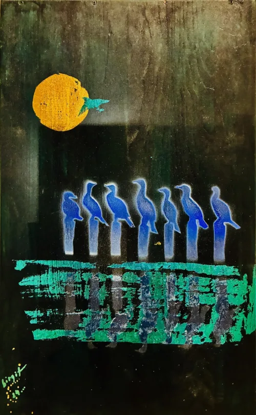 Akrylmaleri "Skarvrække i spejling" af Birgit Randrup Thomsen