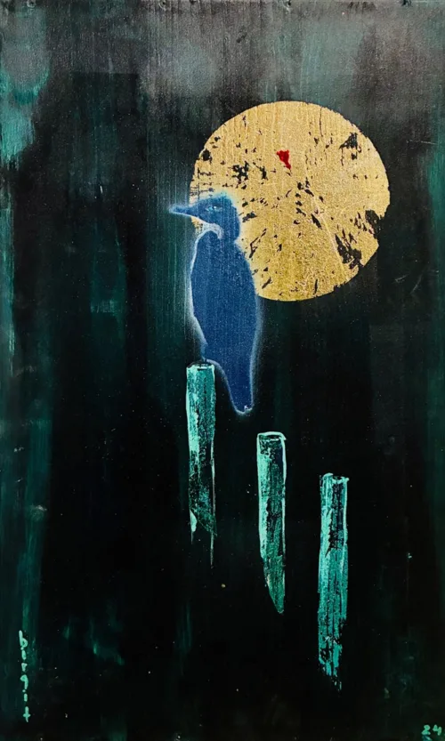 Akrylmaleri "Skarv på pælerække" af Birgit Randrup Thomsen