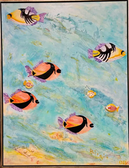 Akrylmaleri "Des Poissons Picassofisk" af Birgit Randrup Thomsen