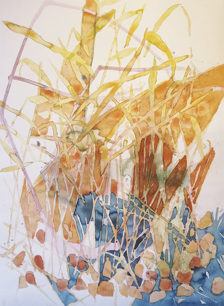 Akvarelbillede "Efterårs siv gav ro" skabt af Emma Høj