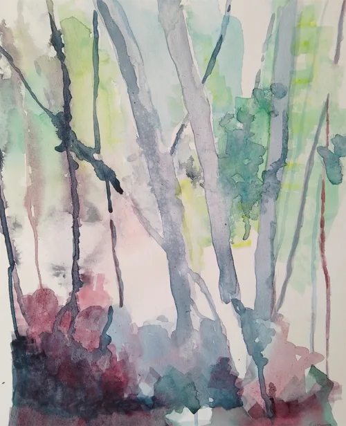 Akvarelbillede "Turen i skoven" skabt af Emma Høj