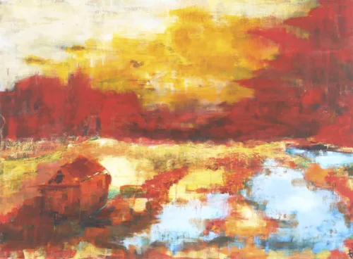 Abstrakt landskabsmaleri af Henrik Thuesen med titlen Autumn