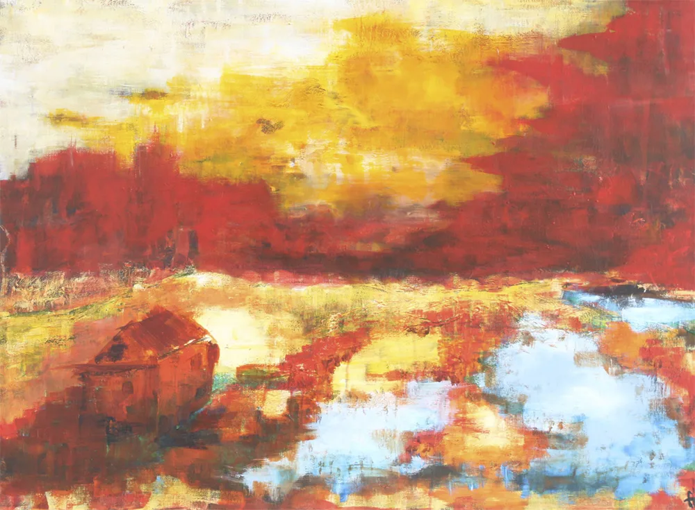 Abstrakt landskabsmaleri af Henrik Thuesen med titlen Autumn