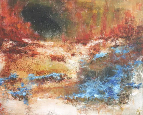 Abstrakt landskabsmaleri af Henrik Thuesen med titlen Silent summer rain