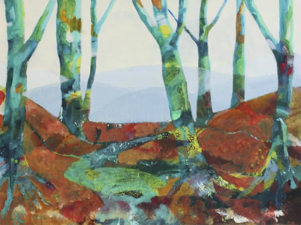 Landskabsmaleri "Trees are blue for you" udført af Kirsten Stubben