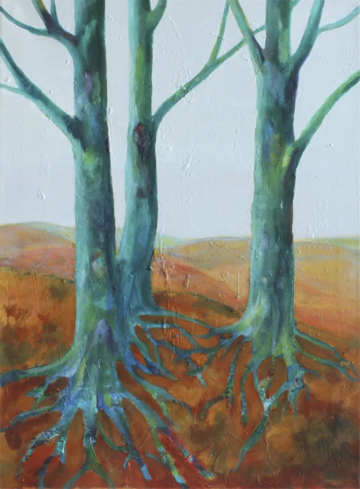 Landskabsmaleri "three trees that are blue" udført af Kirsten Stubben