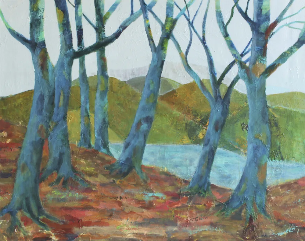 landskabsmaleri "blue tree in a row" udført af Kirsten Stubben